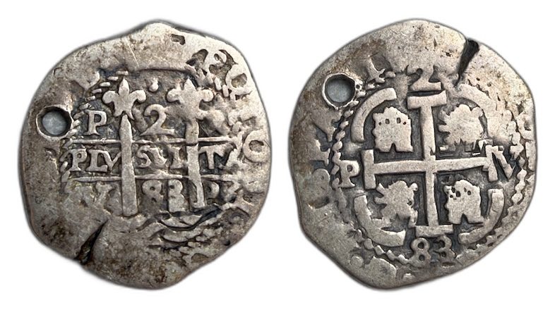Spanish colonial silver cob, holed, both sides